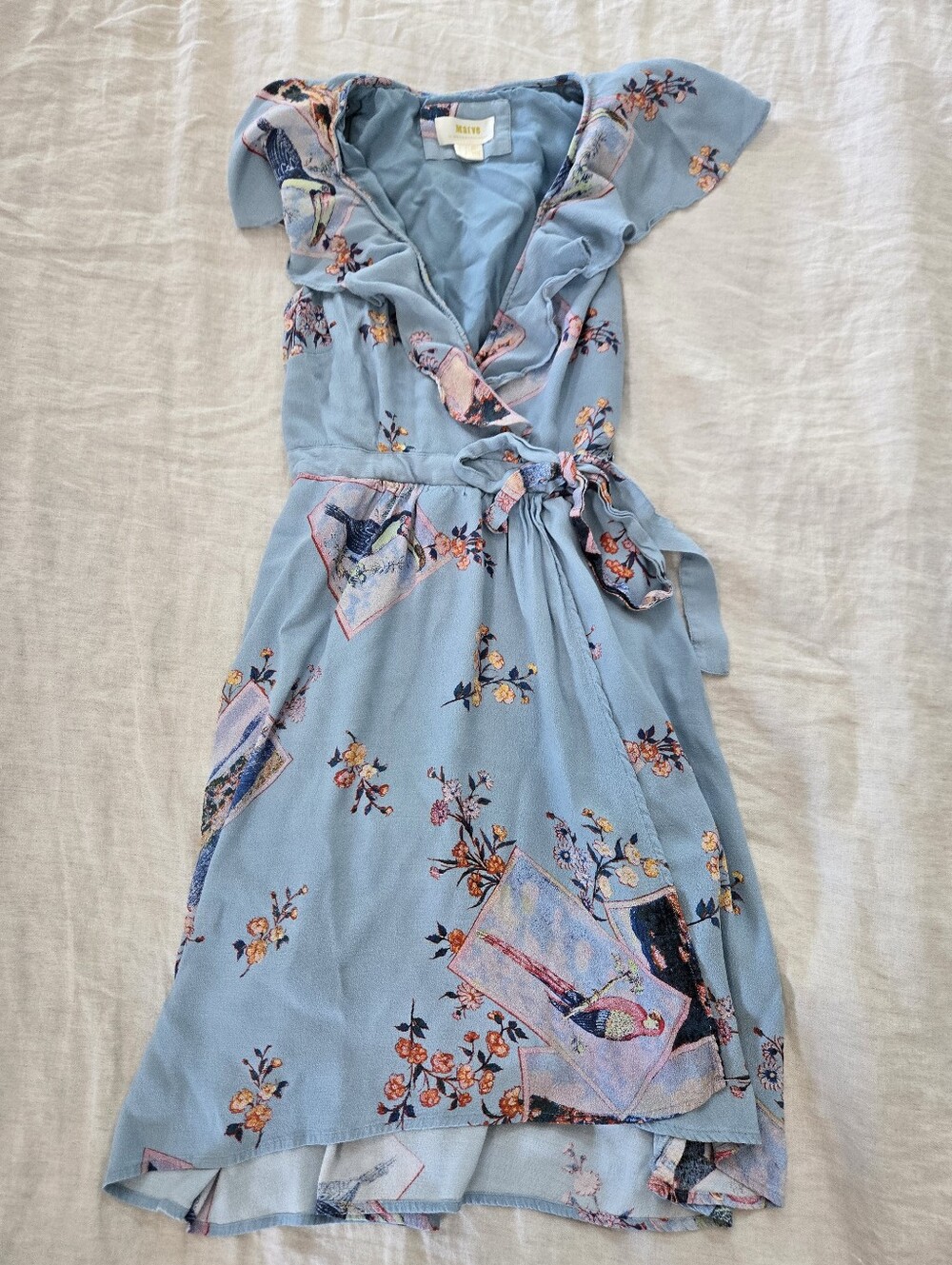Anthropologie Light Blue Floral Wrap Mini Dress with Ruffle Neck, Size 4